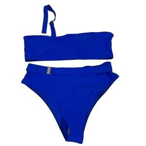 Blue Bikini Large One Shoulder French Cut High Leg Belt Bottom Vibrant Like New